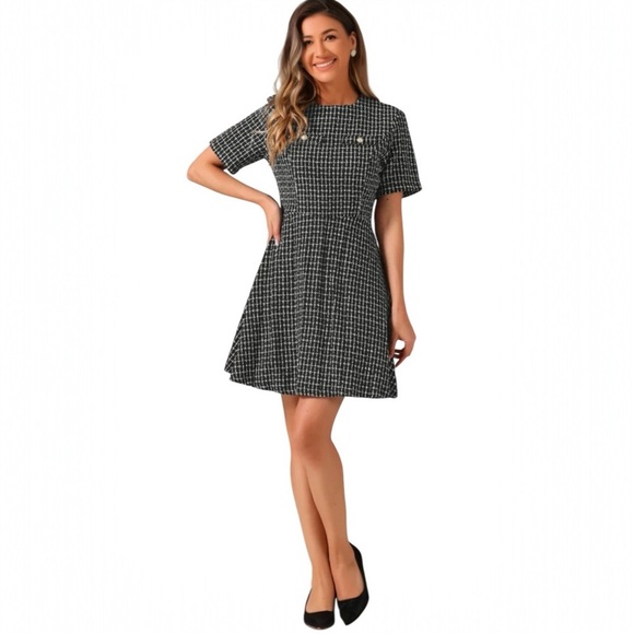 NWT Allegra K Plaid Tweed vintage style madmen short sleeve black dress Sz M - Picture 1 of 8
